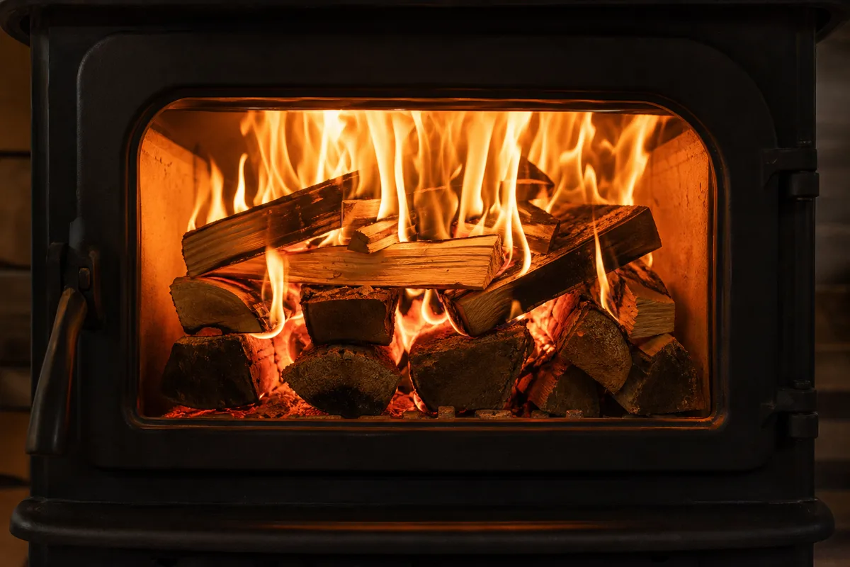 Flammes descendant sur une pile de bûches derrière la vitre d&rsquo;un poêle à bois, très peu de fumée, vitre restée claire
