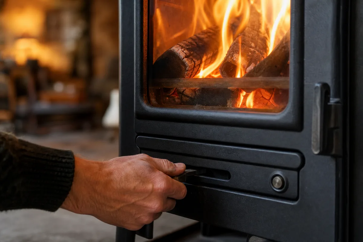 Main réglant la manette d&rsquo;arrivée d&rsquo;air sur le côté d&rsquo;un poêle à bois en fonctionnement, flammes visibles derrière la vitre
