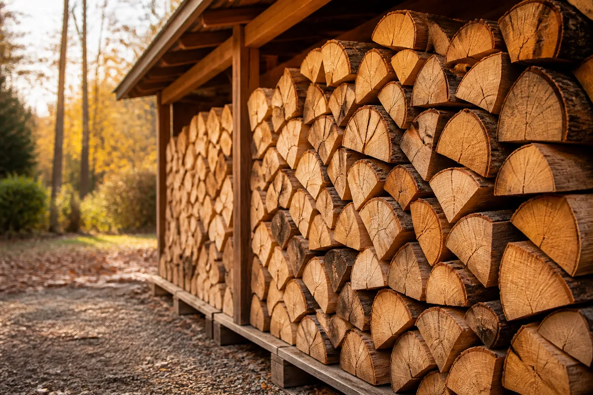 Bûches de feuillus empilées sous un abri en bois ouvert