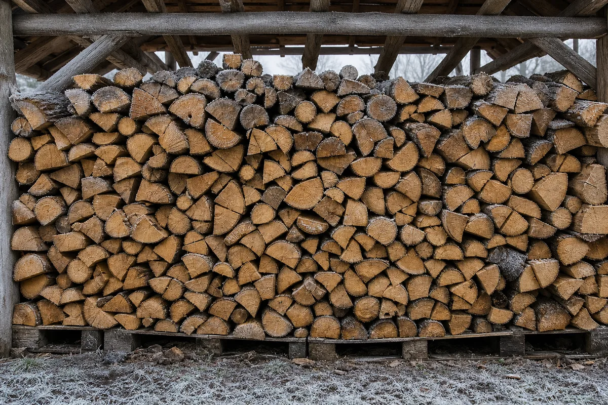 Bûches de chêne fendues empilées sous un abri de jardin en hiver