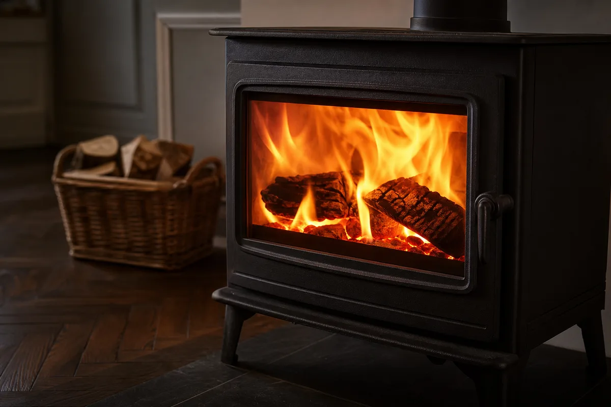 Flambée vive dans le foyer fermé d un poêle à bois en fonte noire