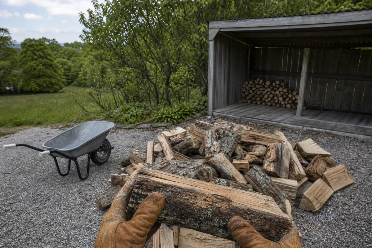 Tas de bois fraîchement livré devant un abri en bois ouvert au fond d un jardin
