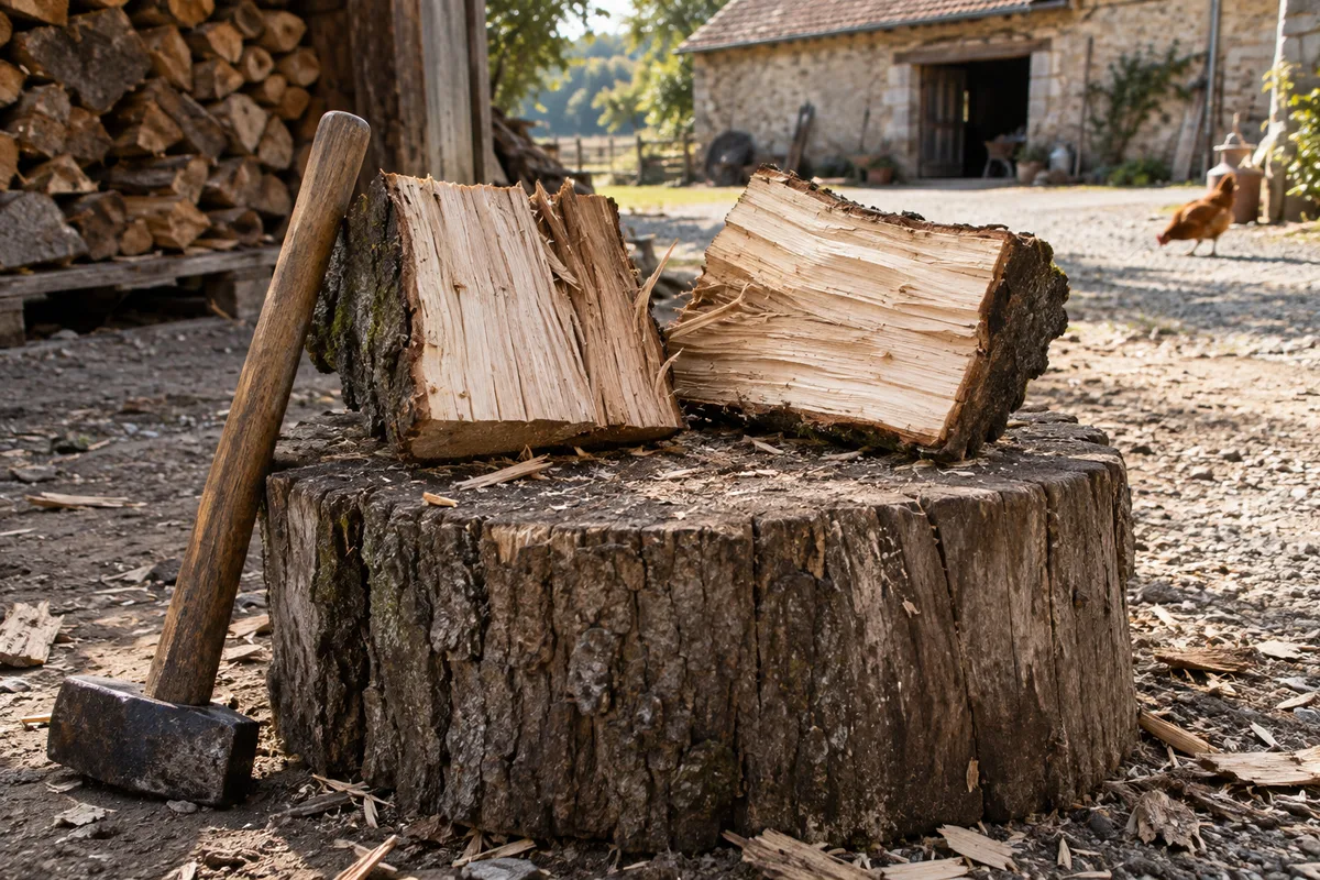 Billot de chêne avec une bûche fendue en deux et un merlin posé à côté