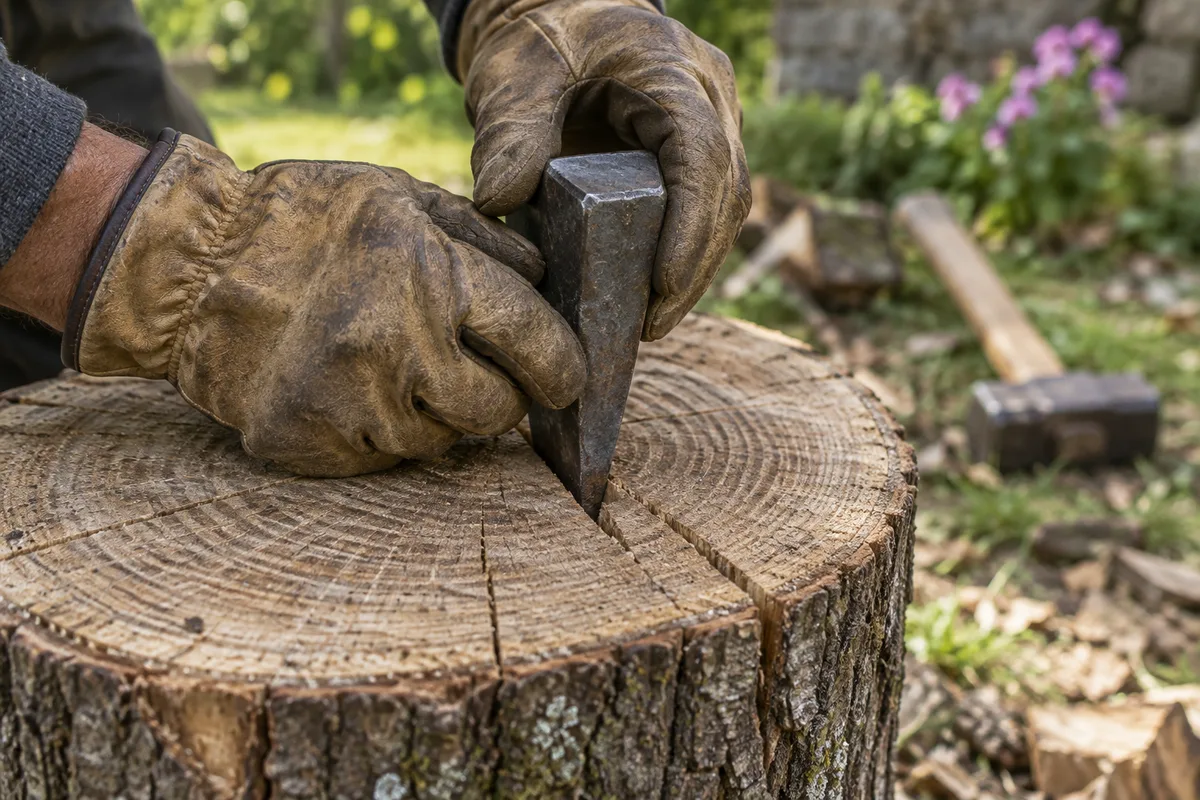 Mains gantées plaçant un coin métallique dans une bille de bois