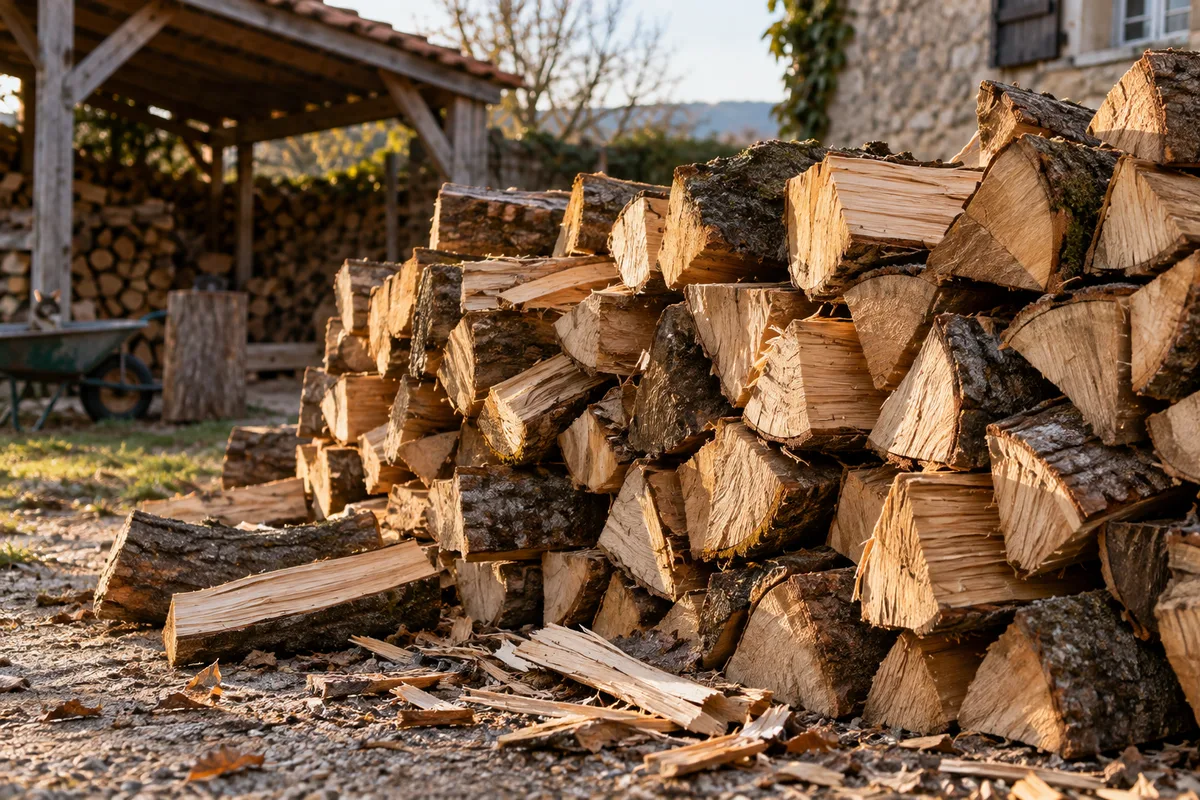 Pile de bûches fraîchement fendues montrant le cœur clair du bois
