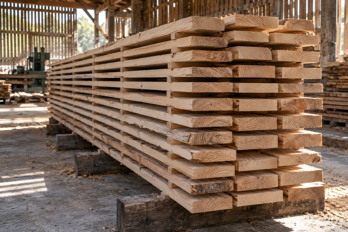 Pile de planches de bois de menuiserie séchées, séparées par des liteaux, dans un hangar ventilé