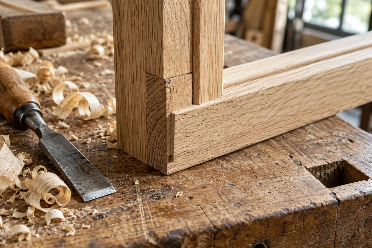 Assemblage tenon et mortaise d&rsquo;un ouvrant de fenêtre en chêne, vu de près sur un établi