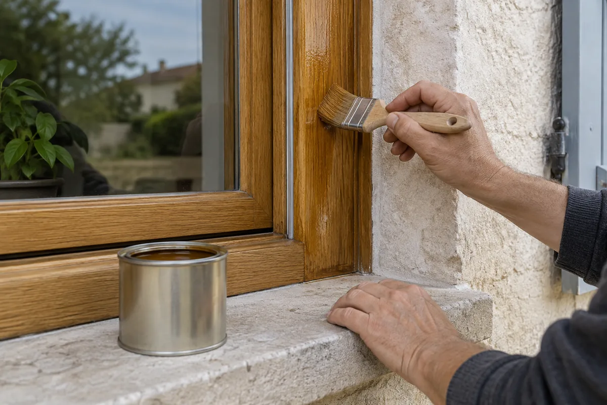 Mains passant une lasure au pinceau sur le dormant d&rsquo;une fenêtre en bois, en extérieur par temps sec