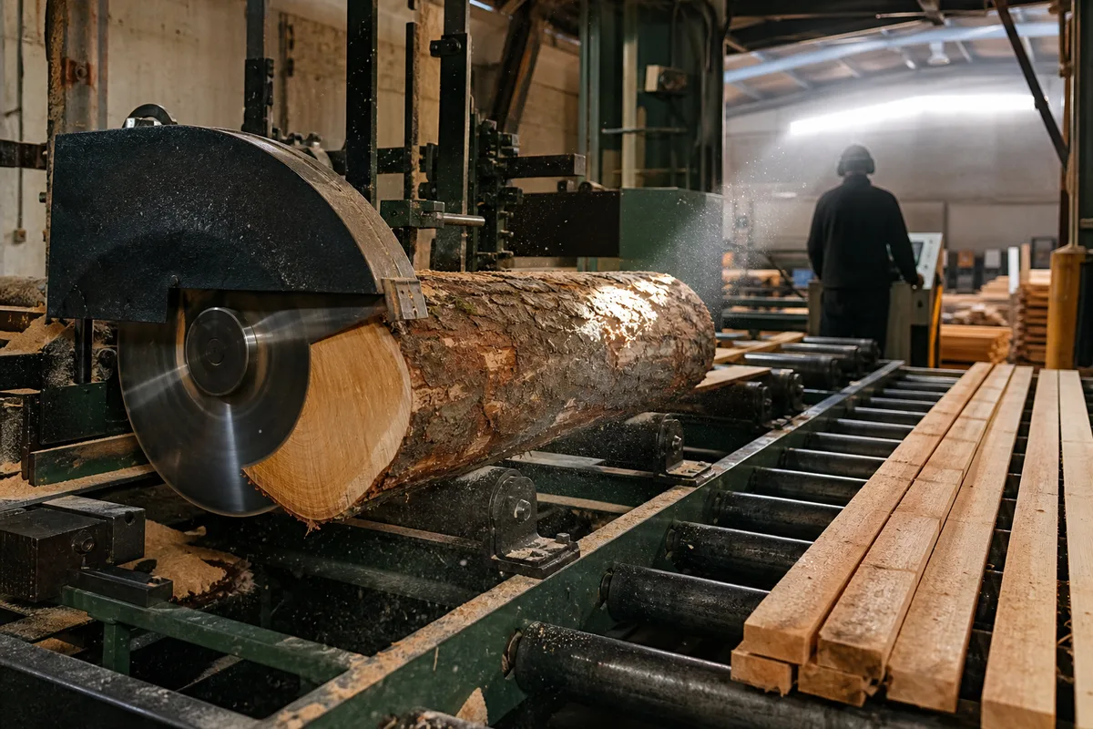 Ligne de sciage débitant des planches de résineux dans une scierie