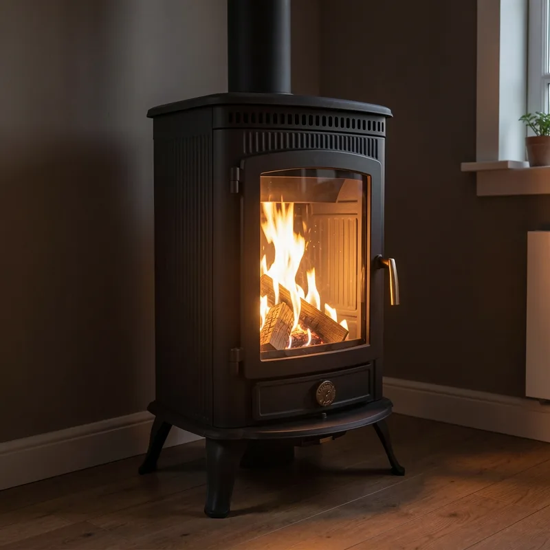 Poêle à bois en fonte brute allumé dans un séjour, flammes visibles derrière la vitre