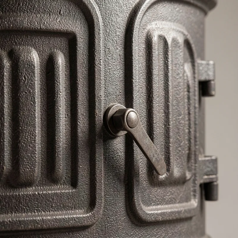 Détail de la manette de réglage d’air et de la façade nervurée d’un poêle en fonte